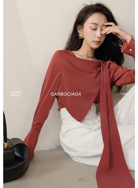 【进口限定】龍喜儿 特立独行 不规则气质飘带灯笼袖法式衬衫9767