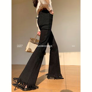 3023 黑色流苏弹力显瘦高腰阔腿牛仔裤 Garbociaga龍喜儿 伦敦秀