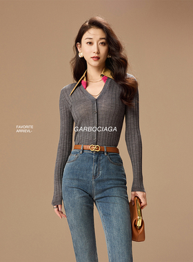 Garbociaga龍喜儿 Prad* 扬子60支全羊毛配色小尖领领针织衫5193