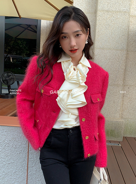 Garbociaga龍喜儿 冬日战袍 绵羊毛马海毛红色毛呢外套短大衣3882