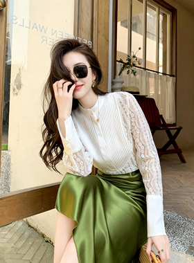 Garbociaga龍喜儿 高级感 纺织蕾丝雕花网纱打揽桑蚕丝衬衫女2257