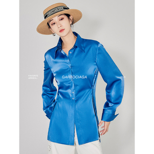 Garbociaga龍喜儿 流光溢彩 设计感缎面丝滑开叉两穿衬衫 3679