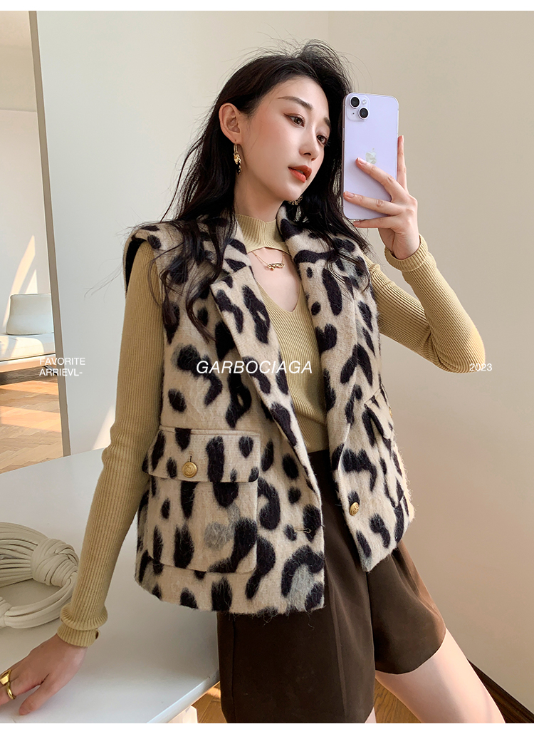 龙喜儿豹纹苏力面料廓形马甲