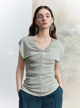 Garbociaga龍喜儿 日本三醋酸扭结心形领褶皱收腰针织T恤 5325