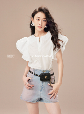 Garbociaga龍喜儿 刘亦菲同款80支全棉荷叶边小飞袖衬衫上衣5328