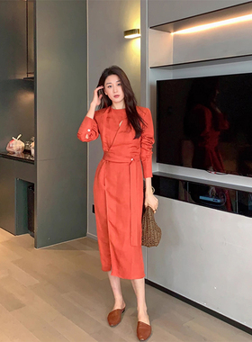 Garbociaga龍喜儿 光彩艳丽 橘色春夏设计感亚麻透气连衣裙1023