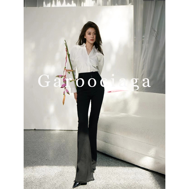 龙喜儿法式长袖100%棉衬衫V领