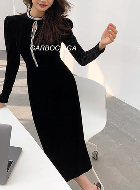 Garbociaga龙喜儿 蒂凡尼早餐 珍珠气质聚会修身丝绒连衣裙1314