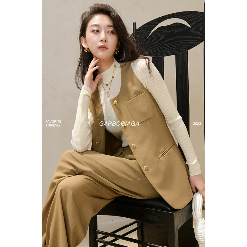 【进口限定】龍喜儿 精纺全羊毛高级休闲马甲通勤直筒裤套装3707