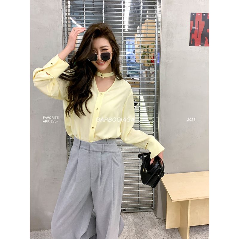 龍喜儿宽松法式长袖醋酸镂空衬衫