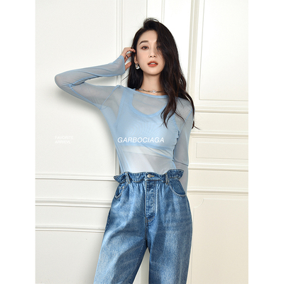 醋酸假两件圆领打底衫