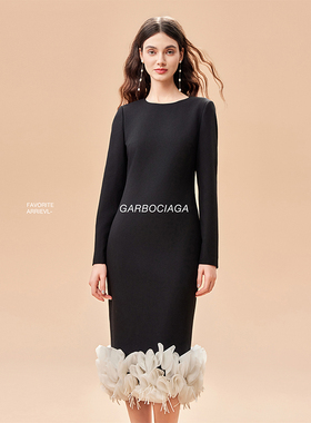 Garbociaga龍喜儿 Pra* 精纺羊毛云纱花朵直筒秋冬小黑连衣裙6520