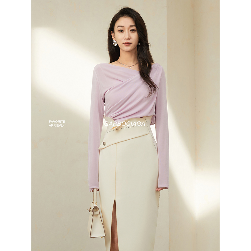 Garbociaga龙喜儿 法式气质醋酸气质荡领褶皱长袖针织上衣 6698