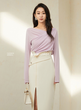 Garbociaga龙喜儿 法式气质醋酸气质荡领褶皱长袖针织上衣 6698