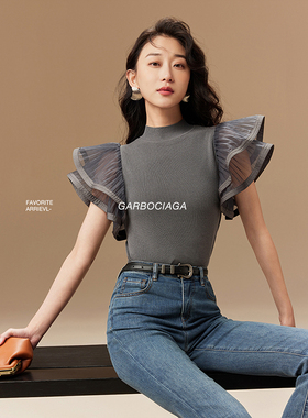 Garbociaga龍喜儿 原创小众天丝欧根纱蕾丝小飞袖修身针织衫5101