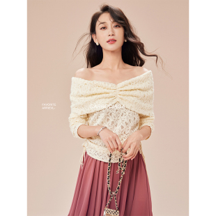 Garbociaga龍喜儿 小众设计一字肩蕾丝镂空花朵弹力针织上衣5486