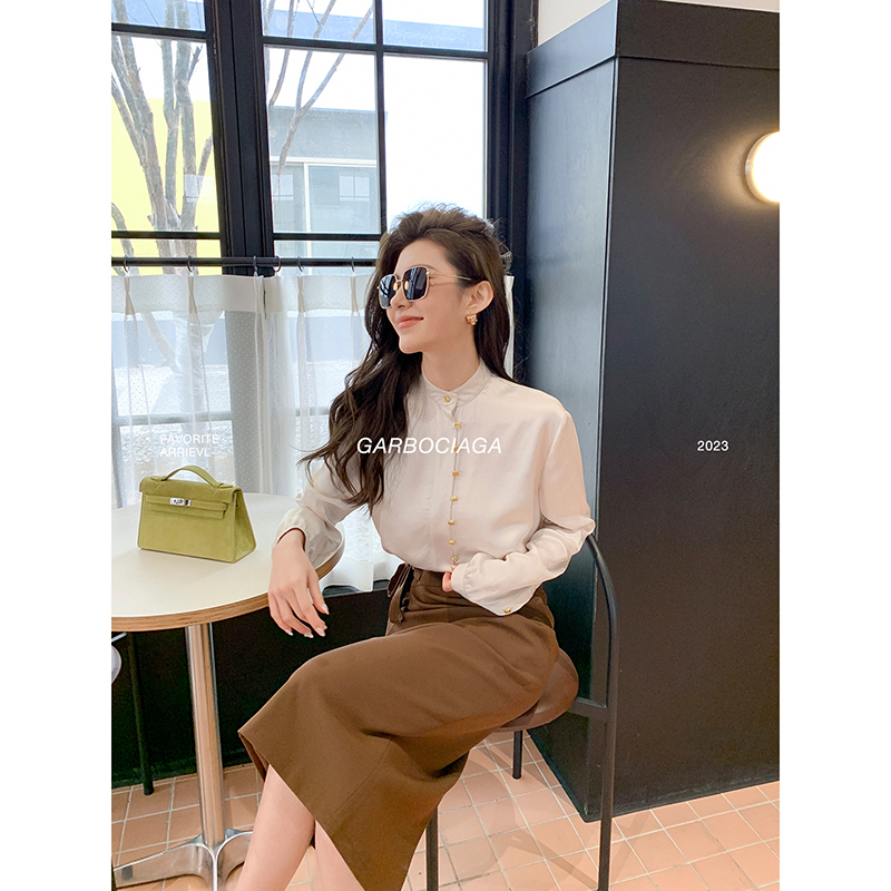 龙喜儿修身法式长袖醋酸白色衬衫