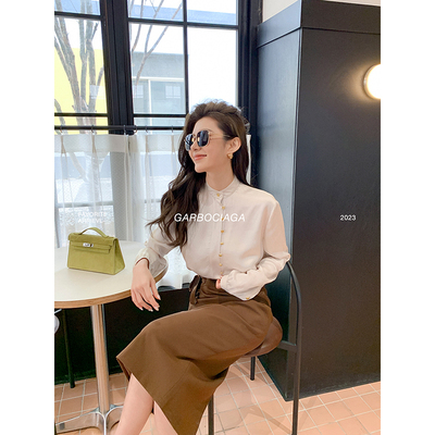 龙喜儿修身法式长袖醋酸白色衬衫