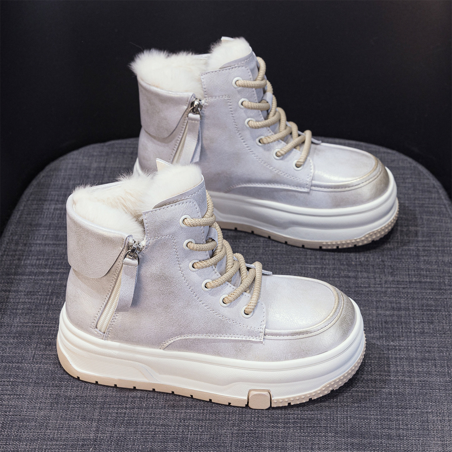 真皮厚底加绒高帮鞋女冬季雪地靴