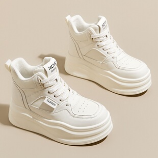 外贸原单撤柜厚底真皮高帮鞋女秋冬休闲松糕小白鞋加绒运动板鞋潮