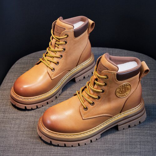 头层牛皮厚底马丁靴女复古大黄靴