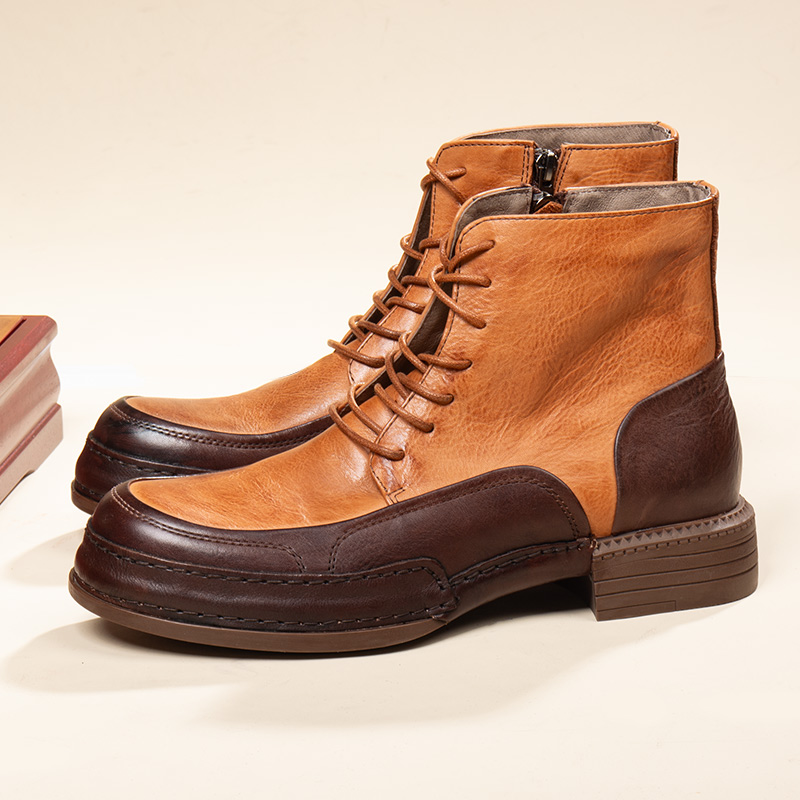 美式复古圆头软底高帮拼接马丁靴真皮潮流休闲工装靴英伦风男靴子
