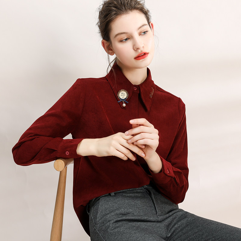 酒红色灯芯绒衬衫女百搭外穿长袖通勤女士上衣秋冬季厚款打底内搭