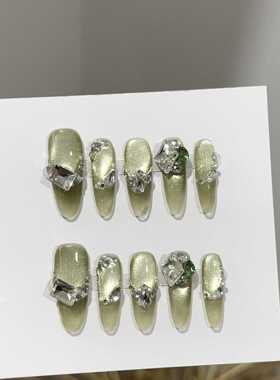 纯手工穿戴甲高级绿色猫眼长款美甲片欧美轻奢堆钻爆闪假指甲贴片