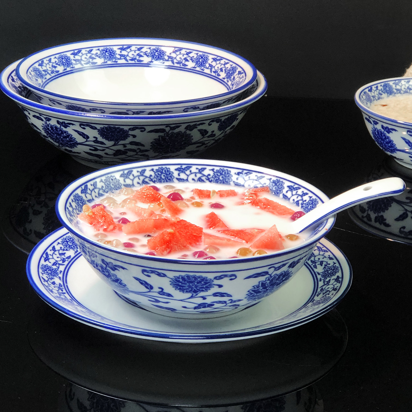 青花陶瓷甜品碗饭碗三件套糖水碗图片