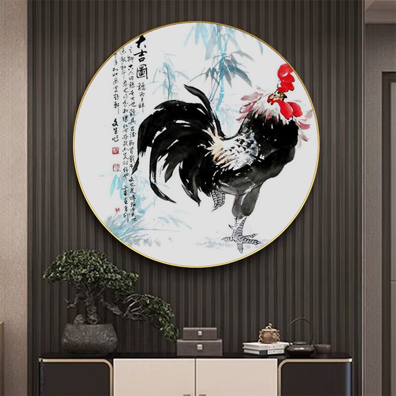 速发报晓玄关装饰画新中式圆形大挂画雄鸡图客厅餐厅壁画图片