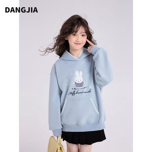 女童加绒卫衣秋冬2025新款洋气女孩大童连帽上衣冬装儿童加厚衣服