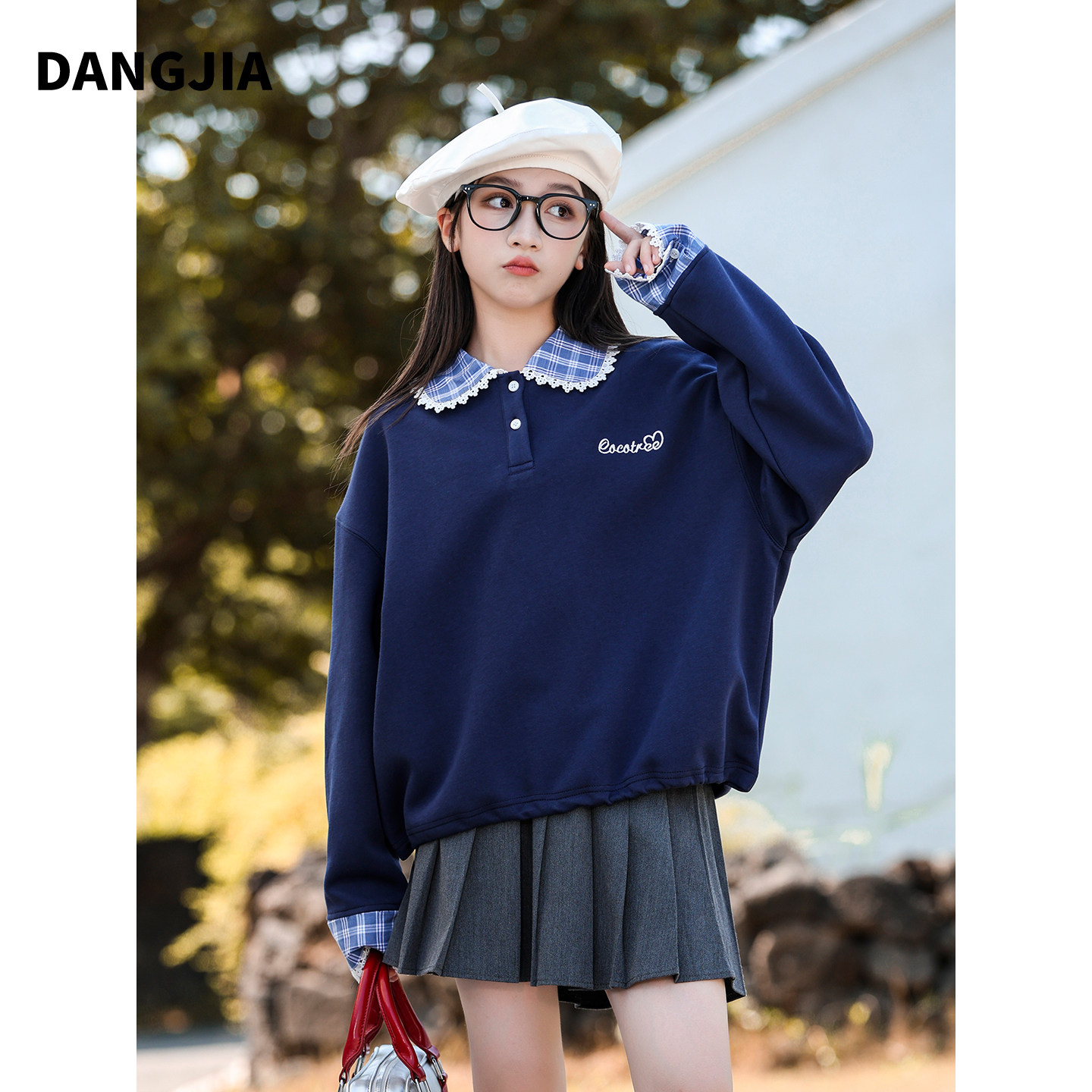 初中生女孩学院风假两件翻领卫衣女大童格纹拼接撞色套头复古上衣