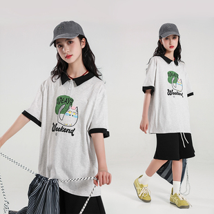 女大童短袖T恤2025新款夏季宽松夏装纯棉上衣polo领初中生半袖15