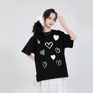 女童夏季爱心纯棉圆领t恤2025新款短袖大童宽松上衣初中生半袖15
