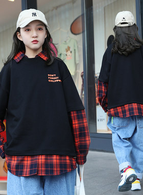 女童卫衣假两件2022新款秋装中大童洋气女孩15岁宽松上衣女装潮12