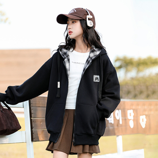 女大童连帽卫衣2025新款秋冬加绒高中学生拉链开衫初中生冬装外套