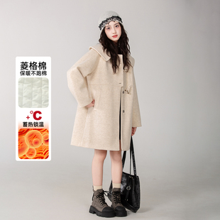 女童羊毛双面呢子大衣中大儿童牛角扣初中生新年红色拜年毛呢外套