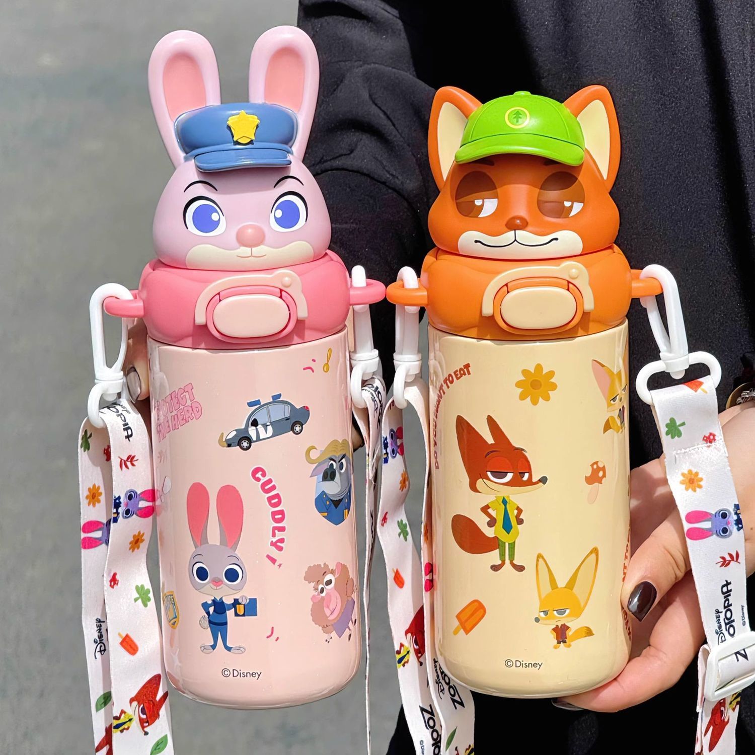 疯狂动物城吸管保温杯学生斜跨背带双饮水杯子316不锈钢儿童水壶