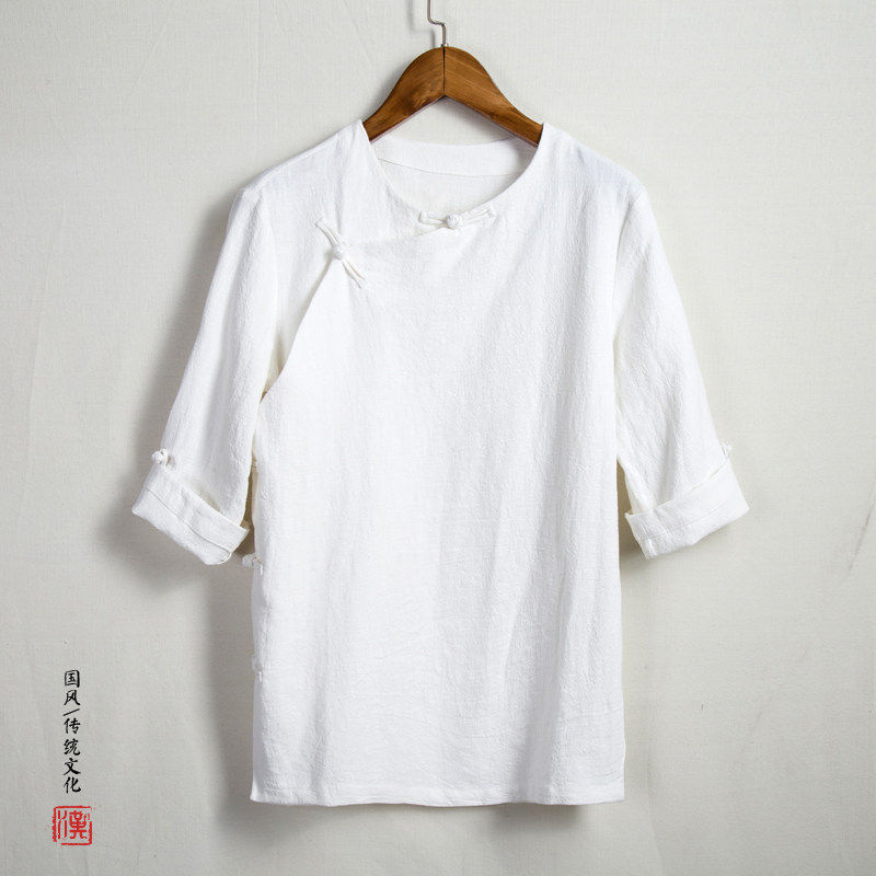 中国风男式盘扣唐装中式茶服秋季粗布麻衣汉服居士服七分袖衬衫,男装,汉服,淘宝优惠券,粉丝福利购,淘宝优惠卷