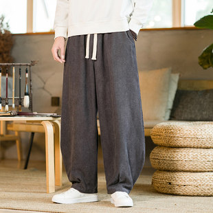 灯芯绒休闲裤男秋冬运动裤直筒垂感中国风哈伦裤复古平绒灯笼裤子