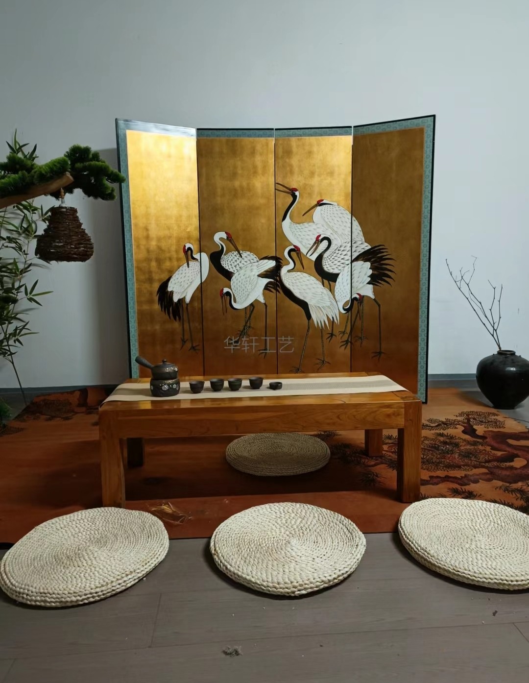 折屏屏风手绘隔断金箔漆画复古日式中古风仙鹤禅意移动茶室背景墙