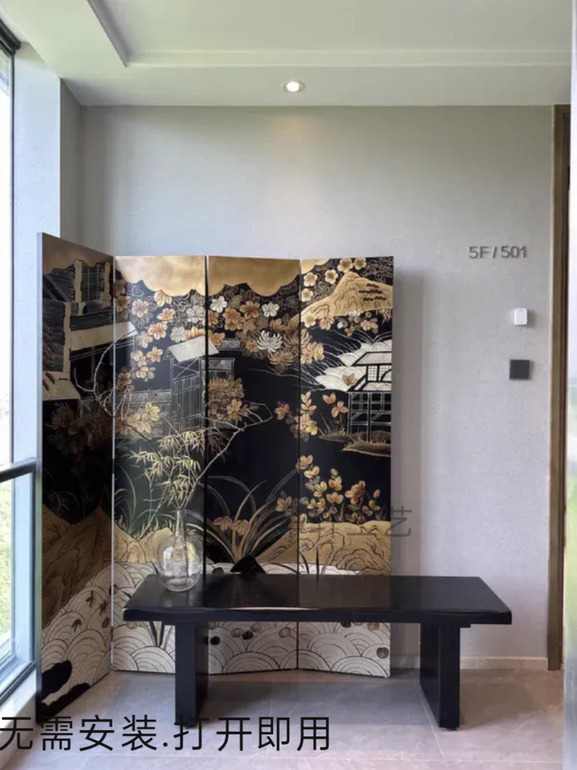 定制黑底屏风折屏手绘漆画屏风隔断玄关客厅卧室移动中式法式复古