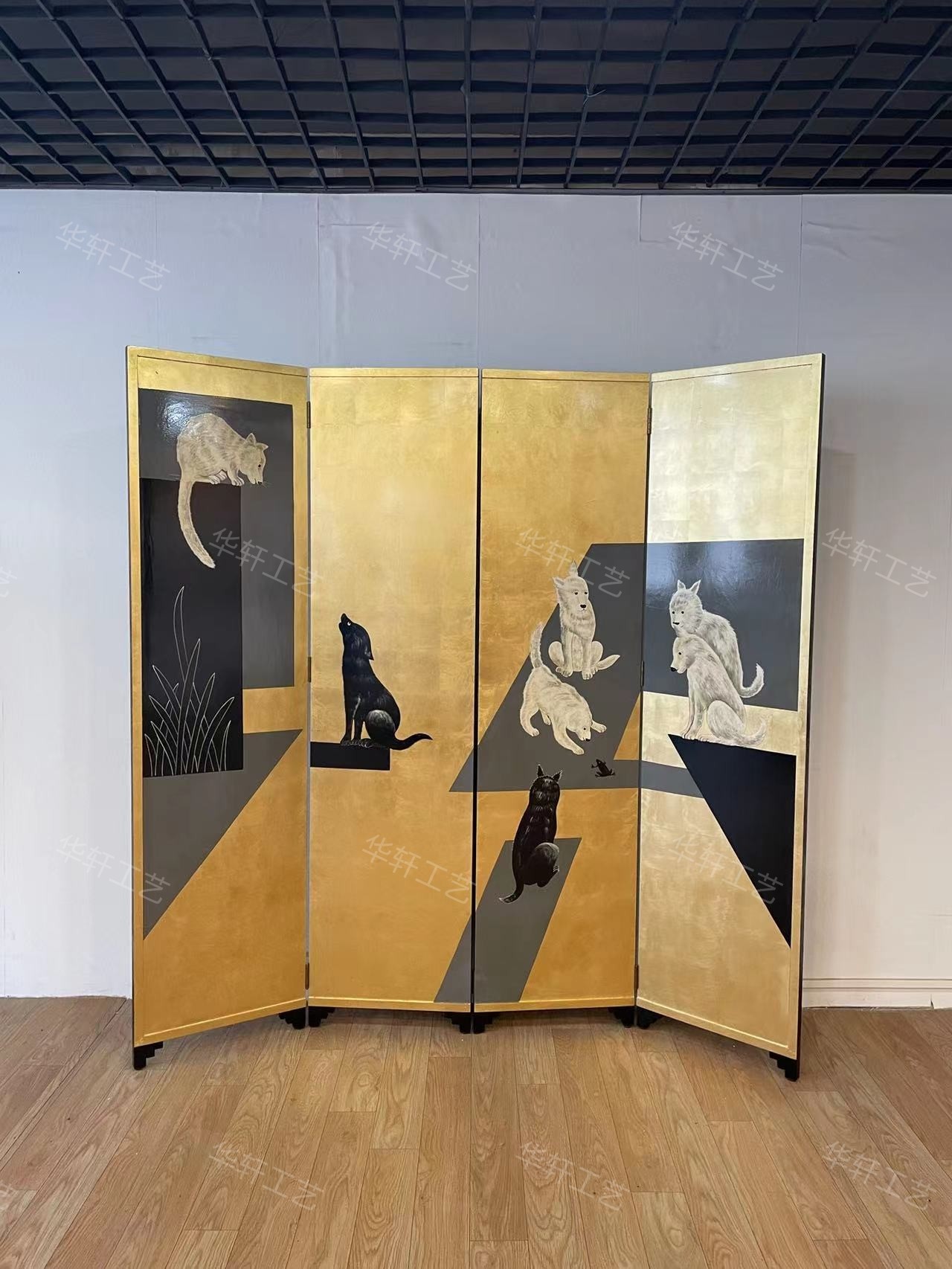 定制猫狗动物屏风手绘金箔漆画移动隔断玄关背景沙发背景折叠复古