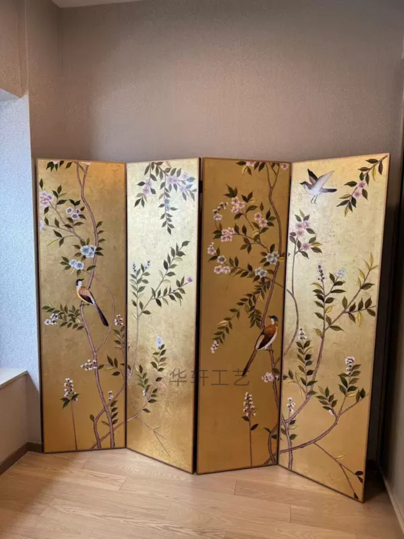 手绘漆画花鸟屏风隔断客厅简约折叠碎金箔中古复古定制古典新中式
