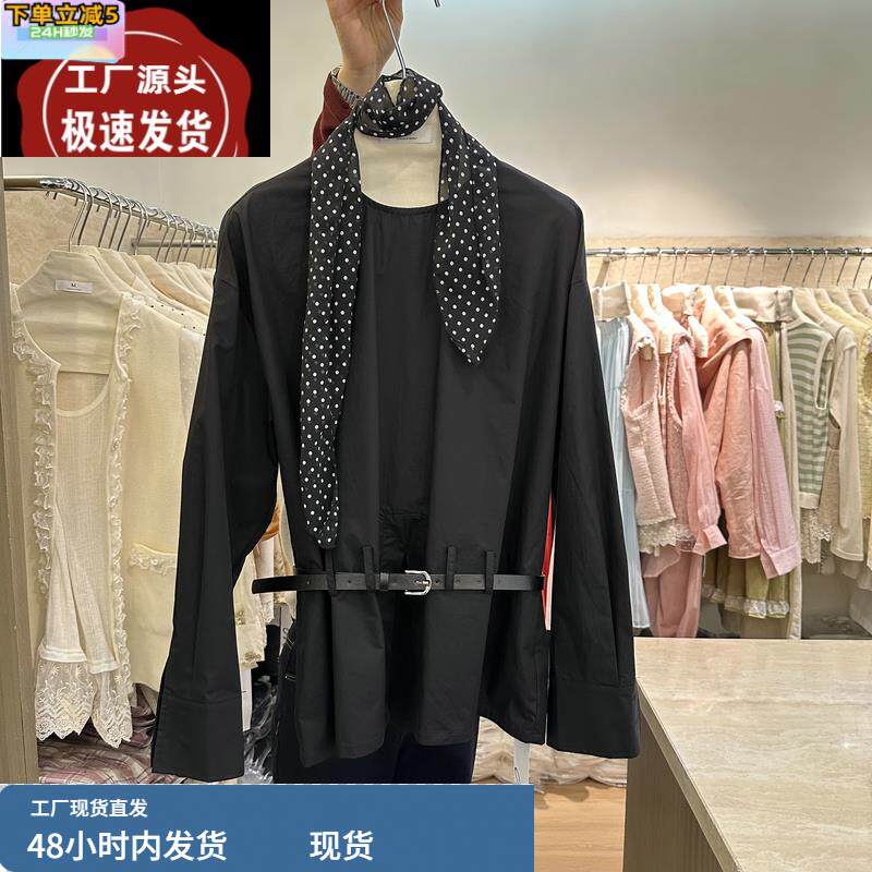 韩系时尚减龄衬衣2025夏季新品波点丝巾+系带纯色中长衬衫女S2050