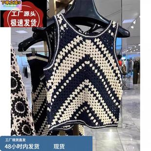 背心2025夏季 大码 复古小众撞色钩花编织镂空针织无袖 女装 新 美式