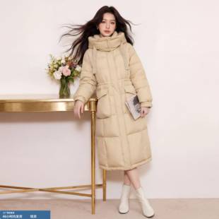 大尺码女装奶橘90白鸭绒羽绒服长版连帽貉子毛领抽绳宽松外套冬