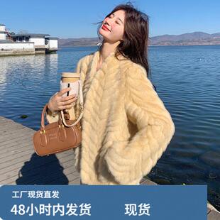 韩系chic黄色短款仿水貂毛皮草外套女冬2025皮毛一体加绒加厚棉服