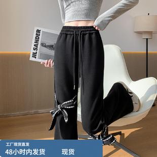 超好看蝴蝶结休闲裤女春秋新款超火的黑色裤子松紧腰显瘦微喇卫裤
