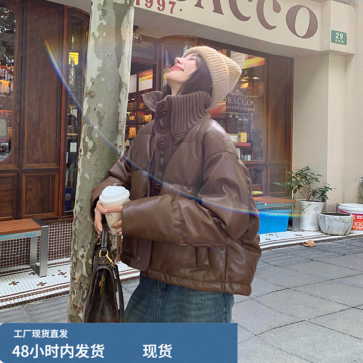 美拉德咖复古针织蛋白皮衣羽绒服2025新款女冬韩版派克服加厚外套